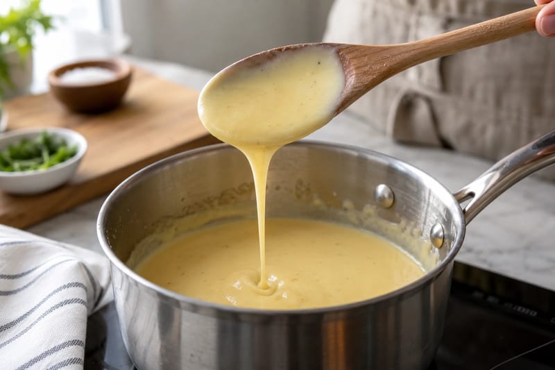 Eingekochte Sauce überzieht einen Löffel mit einer dünnen Schicht. Eingekochte Sauce überzieht einen Löffel mit einer dünnen Schicht.