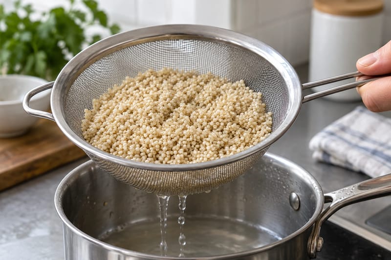 Skyllet quinoa, der drypper af i en finmasket si. Skyllet quinoa, der drypper af i en finmasket si.