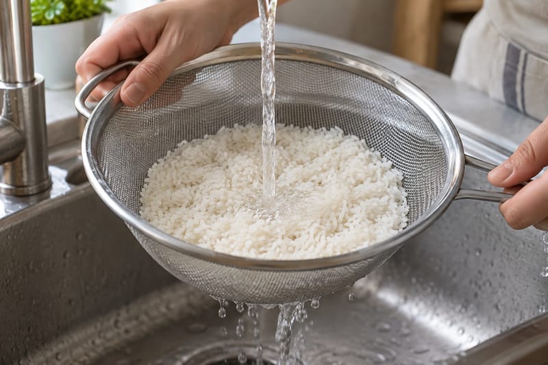 Okokt ris sköljs försiktigt i en finmaskig sil. Okokt ris sköljs försiktigt i en finmaskig sil.