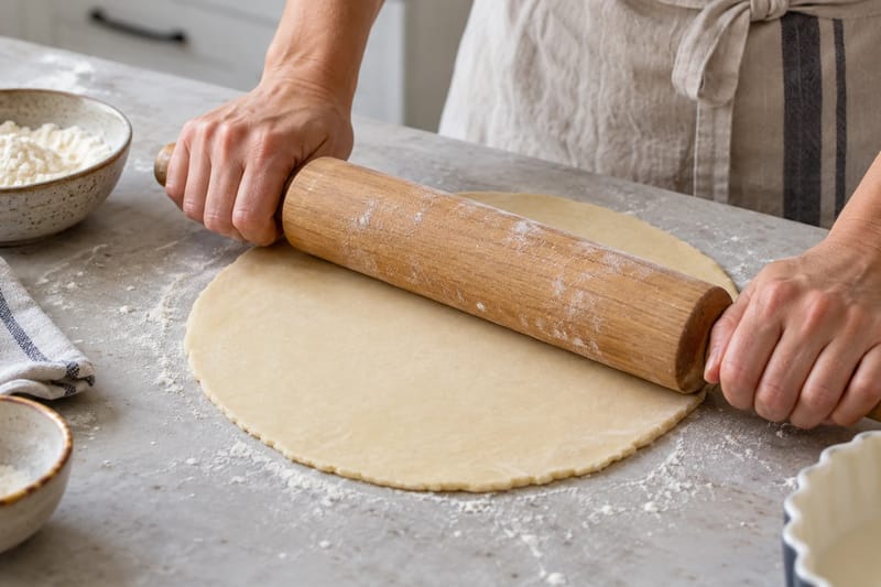 Pastry rolled evenly from the centre on a lightly floured worktop. Pastry rolled evenly from the centre on a lightly floured worktop.