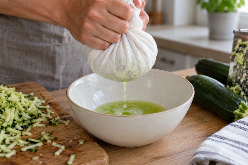 Zucchina grattugiata strizzata in un canovaccio pulito per eliminare il liquido in eccesso. Zucchina grattugiata strizzata in un canovaccio pulito per eliminare il liquido in eccesso.