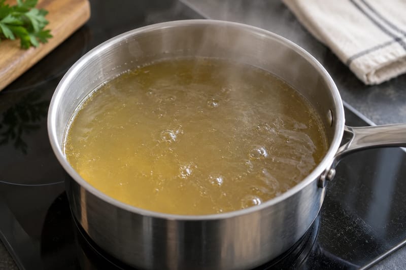 En gryde med svagt simrende bouillon og få bobler på overfladen. En gryde med svagt simrende bouillon og få bobler på overfladen.