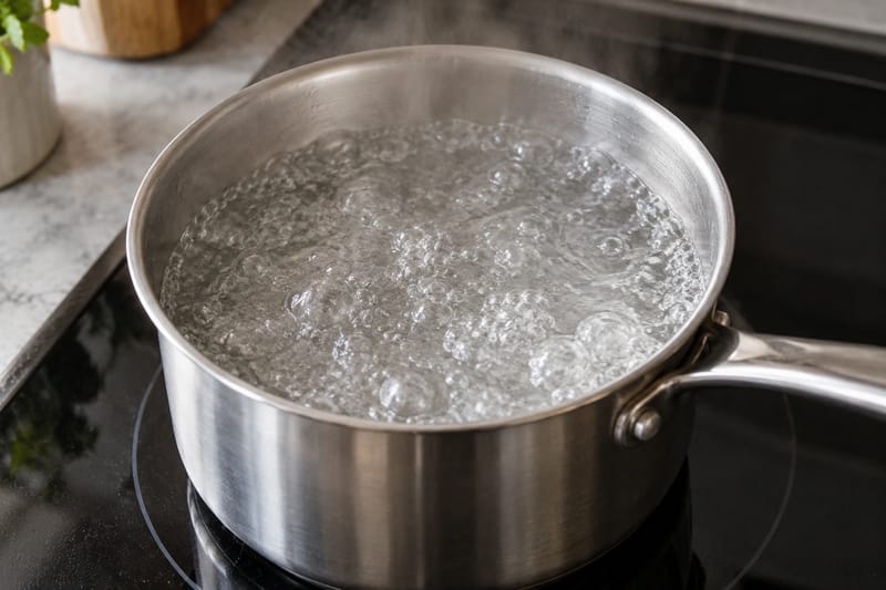 Kraftigt kogende vand med livlige bobler over hele overfladen i gryden. Kraftigt kogende vand med livlige bobler over hele overfladen i gryden.