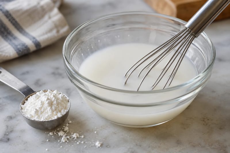 Amido di mais stemperato in acqua fredda fino a ottenere un composto liscio. Amido di mais stemperato in acqua fredda fino a ottenere un composto liscio.