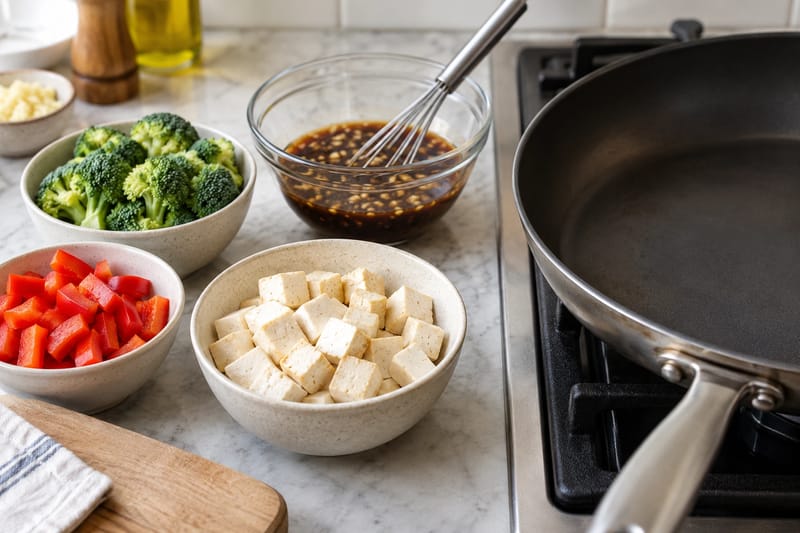 Grøntsager, tofu og sauce klargjort, før wokstegningen begynder. Grøntsager, tofu og sauce klargjort, før wokstegningen begynder.