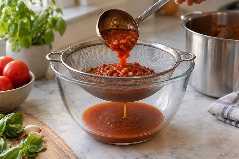 Sauce sies gennem en stabilt placeret finmasket si ned i en varmebestandig skål. Sauce sies gennem en stabilt placeret finmasket si ned i en varmebestandig skål.