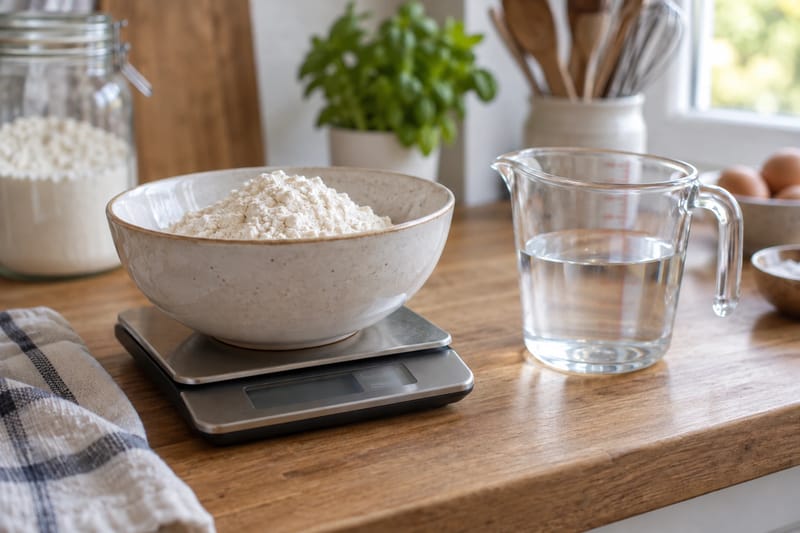 A kitchen scale and liquid measuring jug used for different kinds of measurement. A kitchen scale and liquid measuring jug used for different kinds of measurement.
