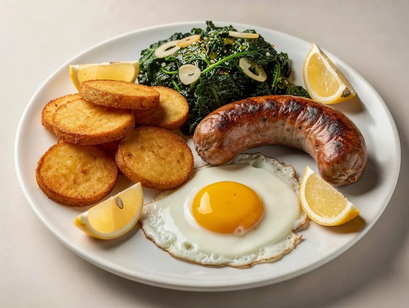 Alheira de Mirandela (salsiccia portoghese con uovo, patatine e verdure) Alheira de Mirandela (salsiccia portoghese con uovo, patatine e verdure)