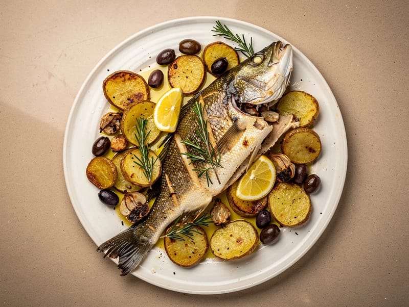 Branzino al Forno con Patate e Olive (ovnsstekt havabbor med poteter og oliven) Branzino al Forno con Patate e Olive (ovnsstekt havabbor med poteter og oliven)