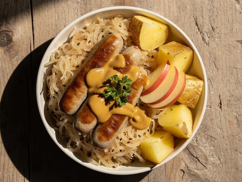 Bratwurst mit Sauerkraut und Senfsoße Bratwurst mit Sauerkraut und Senfsoße