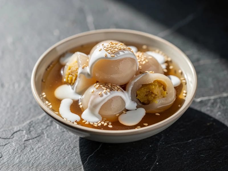 Chè Trôi Nước (bolitas vietnamitas de arroz flotantes en sirope de jengibre) Chè Trôi Nước (bolitas vietnamitas de arroz flotantes en sirope de jengibre)