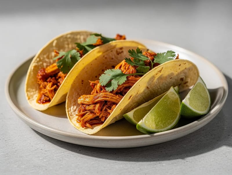 Chicken Tinga-tacos (trevlet kylling i chipotle-tomatsauce) Chicken Tinga-tacos (trevlet kylling i chipotle-tomatsauce)