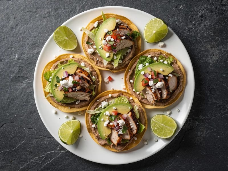Tostadas de pollo con frijoles refritos y pico de gallo Tostadas de pollo con frijoles refritos y pico de gallo