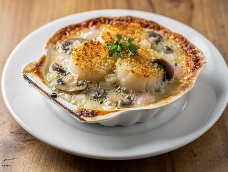 Coquilles Saint-Jacques (kammuslingegratin med cremet vinsauce) Coquilles Saint-Jacques (kammuslingegratin med cremet vinsauce)