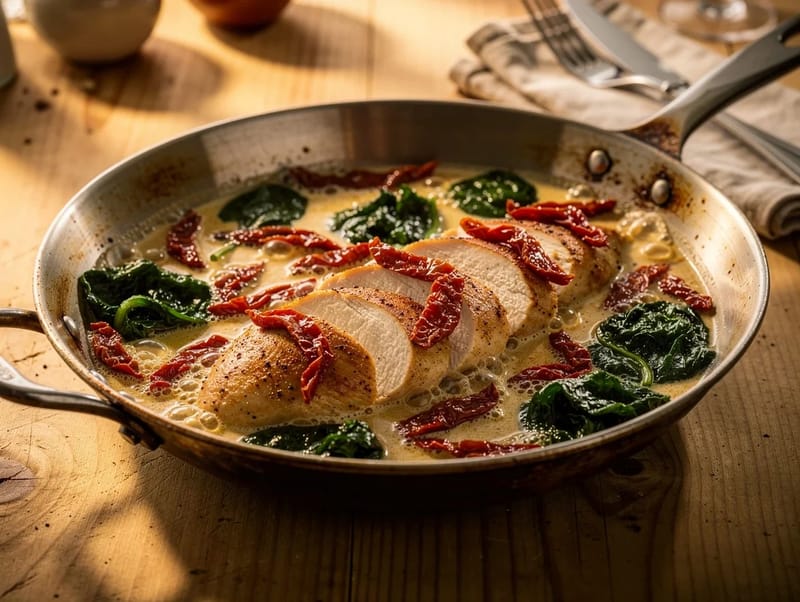 Creamy Chicken Skillet with Sun-Dried Tomatoes and Spinach Creamy Chicken Skillet with Sun-Dried Tomatoes and Spinach