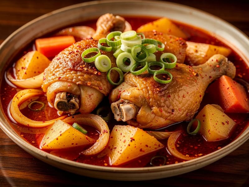 Dakdoritang (koreanischer scharfer Hähncheneintopf mit Kartoffeln und Karotten) Dakdoritang (koreanischer scharfer Hähncheneintopf mit Kartoffeln und Karotten)
