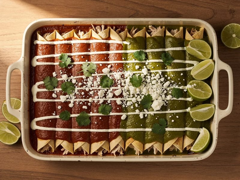 Enchiladas Navideñas (Chicken Enchiladas with Red and Green Sauces) Enchiladas Navideñas (Chicken Enchiladas with Red and Green Sauces)