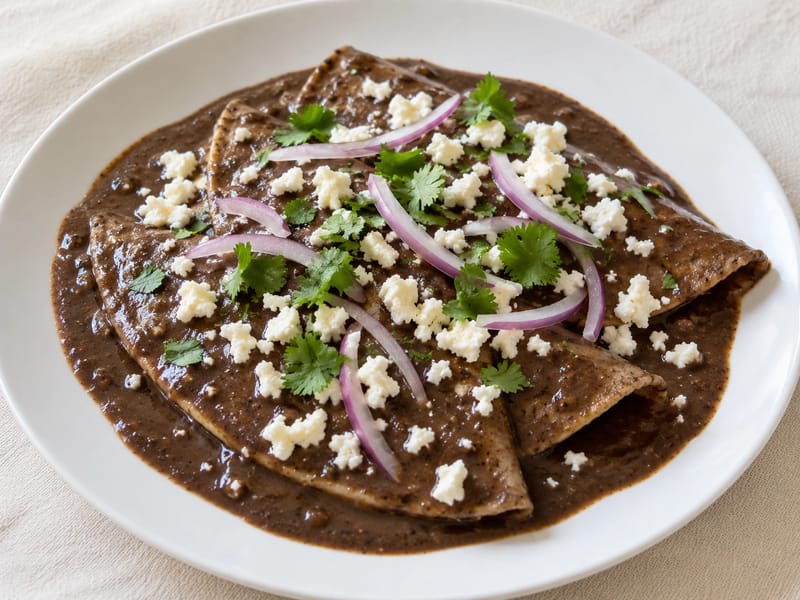 Enfrijoladas (kukoricatortilla fekete babmártásban) Enfrijoladas (kukoricatortilla fekete babmártásban)