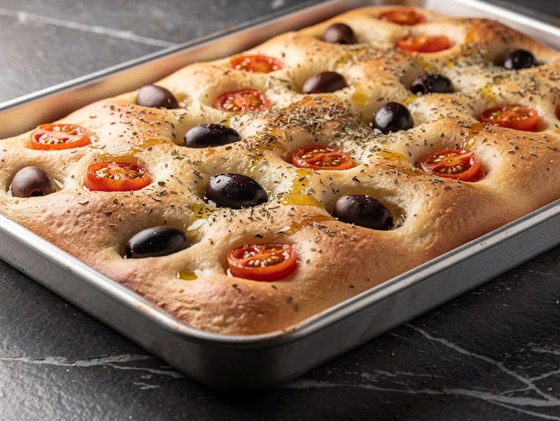 Focaccia Barese with Olives and Cherry Tomatoes Focaccia Barese with Olives and Cherry Tomatoes