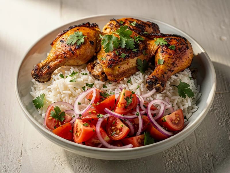 Frango Piri-Piri Bowl (Spicy Chicken with Rice and Tomato Salad) Frango Piri-Piri Bowl (Spicy Chicken with Rice and Tomato Salad)