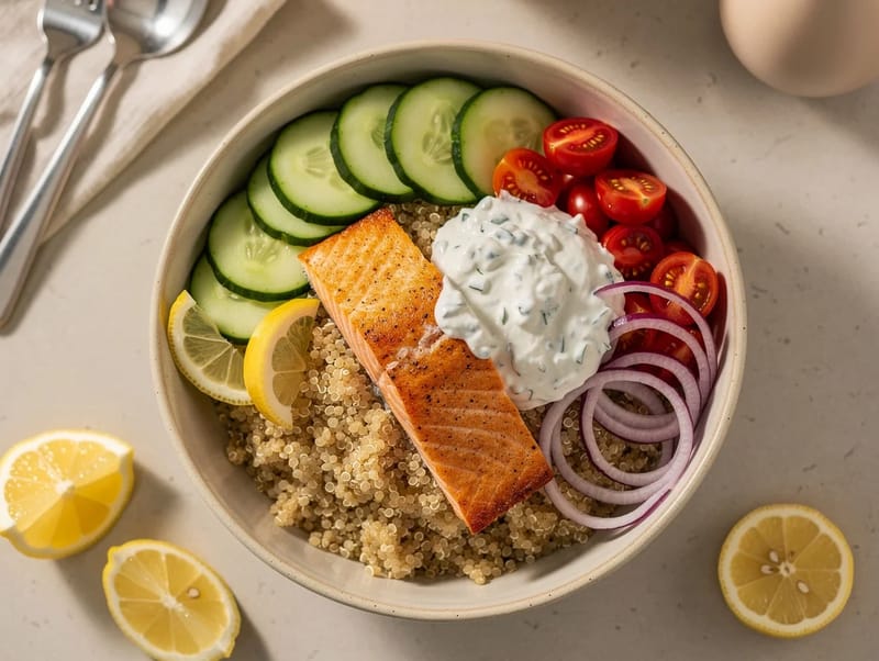 Bol grec au saumon avec quinoa et tzatziki Bol grec au saumon avec quinoa et tzatziki