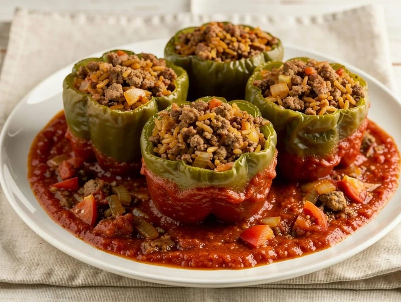 Festfyldte peberfrugter (oksekød og ris i tomatsauce) Festfyldte peberfrugter (oksekød og ris i tomatsauce)