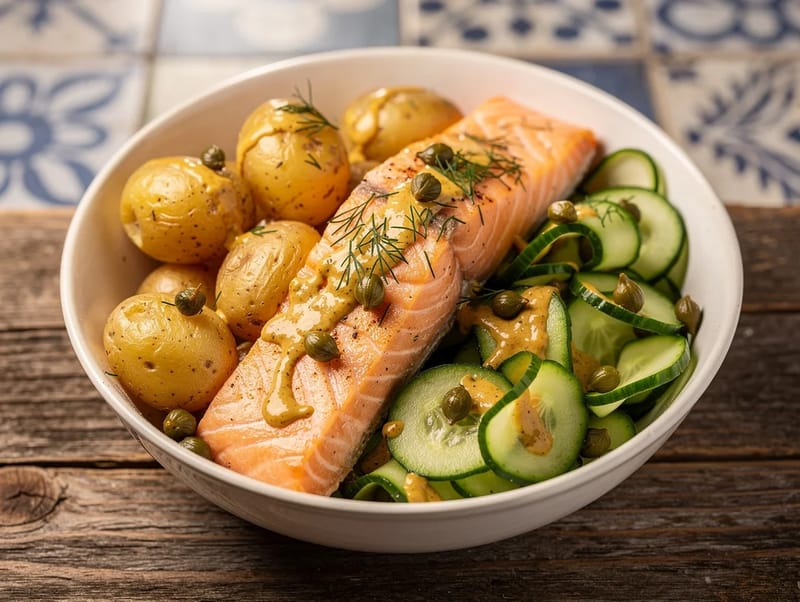 Bowl di salmone olandese con patatine, cetriolo e condimento alla senape Bowl di salmone olandese con patatine, cetriolo e condimento alla senape