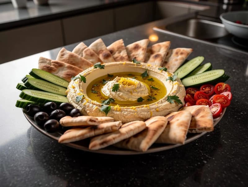 Hummus Platter with Spiced Olive Oil, Pitta and Vegetables Hummus Platter with Spiced Olive Oil, Pitta and Vegetables