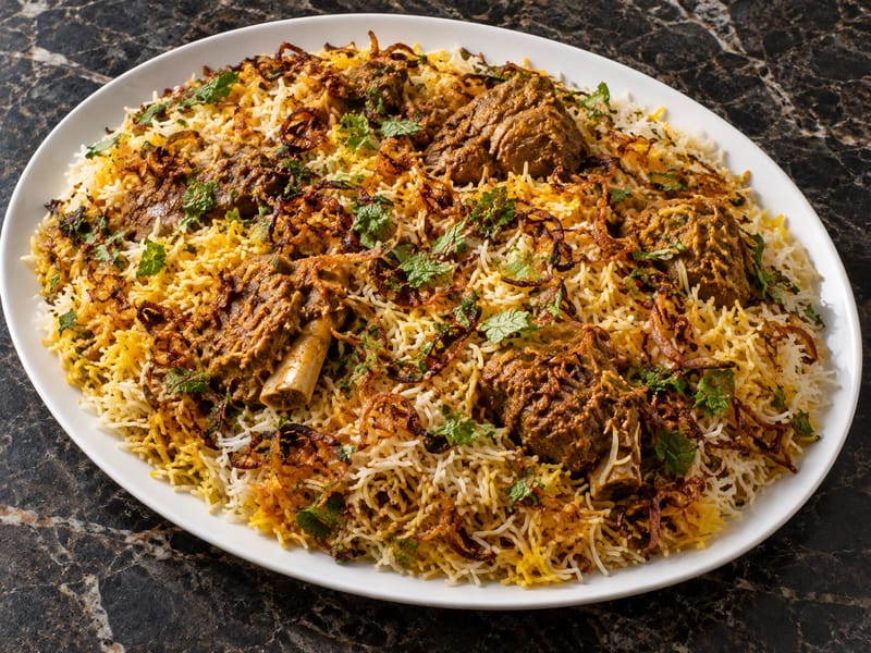 Hyderabadi stílusú báránybiryani Hyderabadi stílusú báránybiryani