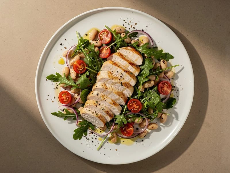 Italiensk proteinsalat med kylling, cannellinibønner og rucola Italiensk proteinsalat med kylling, cannellinibønner og rucola