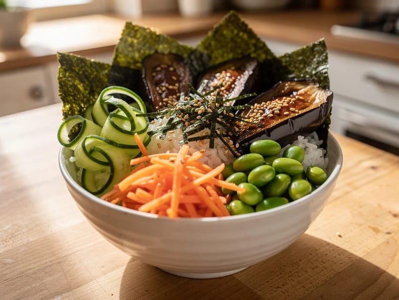 Japońska wege miska bento z bakłażanem w miso Japońska wege miska bento z bakłażanem w miso