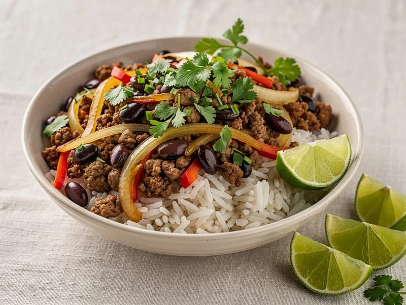 Miska stir-fry z wołowiną, czarną fasolą i ryżem Miska stir-fry z wołowiną, czarną fasolą i ryżem