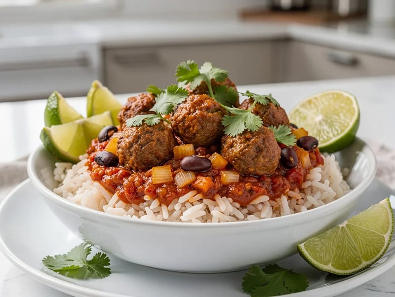 Meatballs Bowl with Spiced Tomato Sauce and Rice Meatballs Bowl with Spiced Tomato Sauce and Rice