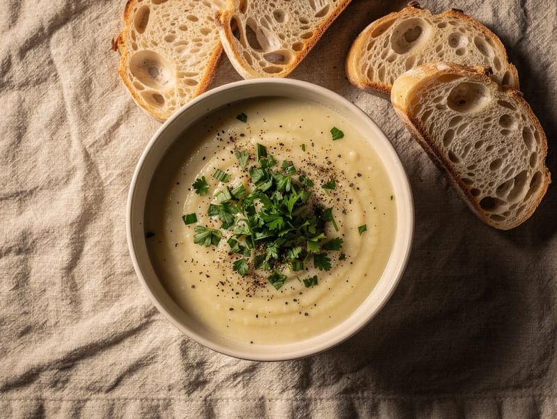 Porre- og kartoffelsuppe med sprødt brød Porre- og kartoffelsuppe med sprødt brød