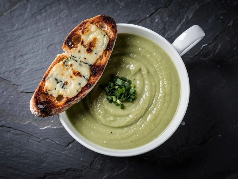 Soupe poireaux-pommes de terre avec toast au Stilton Soupe poireaux-pommes de terre avec toast au Stilton
