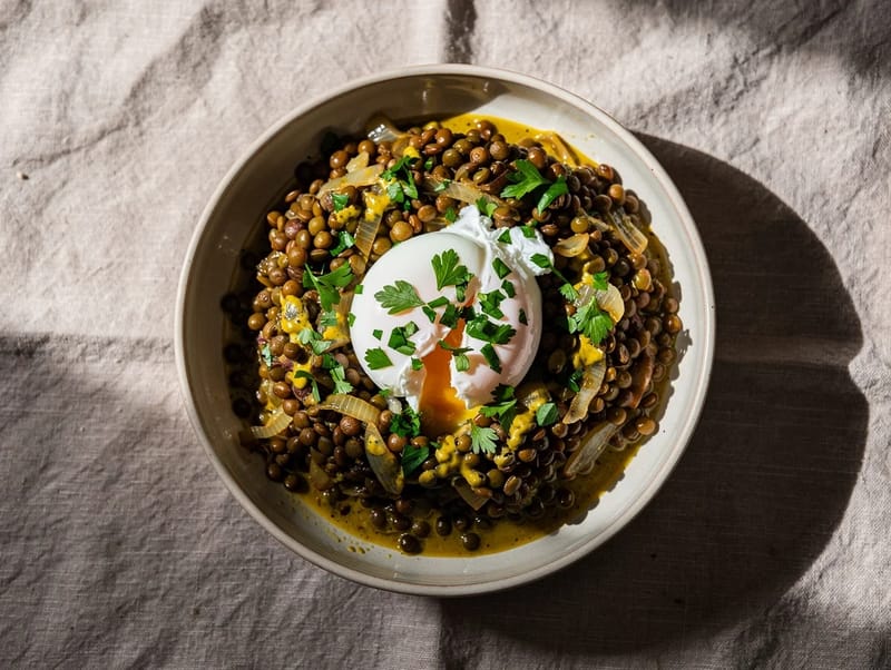 Lentilles du Puy z jajkiem w koszulce i sosem musztardowym Lentilles du Puy z jajkiem w koszulce i sosem musztardowym