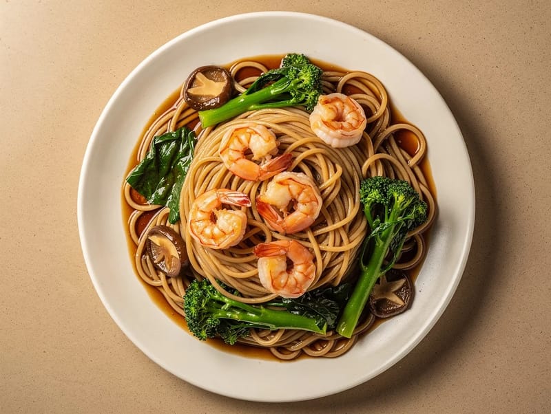 Longevity Noodles (Chinese Stir-Fried Wheat Noodles with Prawns and Greens) Longevity Noodles (Chinese Stir-Fried Wheat Noodles with Prawns and Greens)