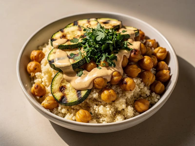 Marokkansk-inspireret blomkålscouscousbowl med kikærter og tahin Marokkansk-inspireret blomkålscouscousbowl med kikærter og tahin
