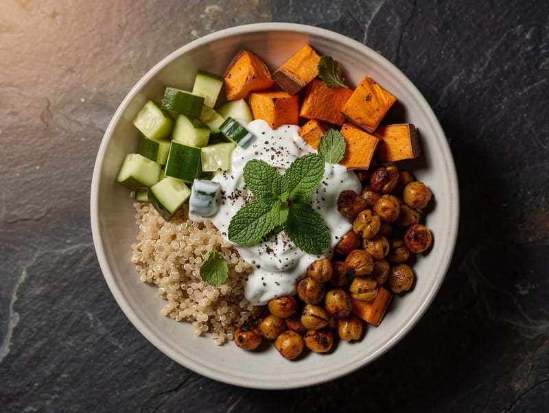 Bowl de céréales marocain aux pois chiches et quinoa avec sauce au yaourt Bowl de céréales marocain aux pois chiches et quinoa avec sauce au yaourt