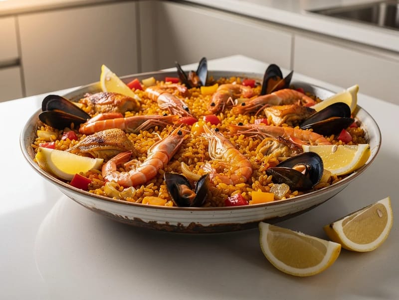 Paella Mixta (paella mista con pollo, gamberi e cozze) Paella Mixta (paella mista con pollo, gamberi e cozze)
