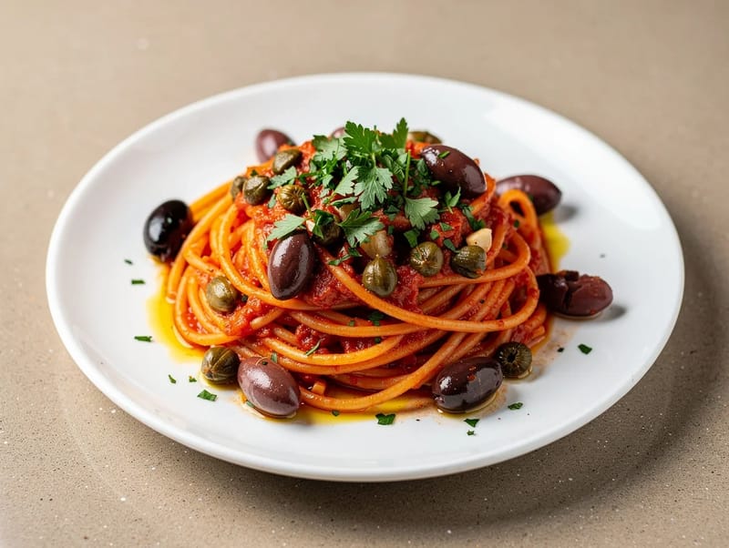 Pasta alla Puttanesca (spaghetti z pomidorami, anchois i oliwkami) Pasta alla Puttanesca (spaghetti z pomidorami, anchois i oliwkami)