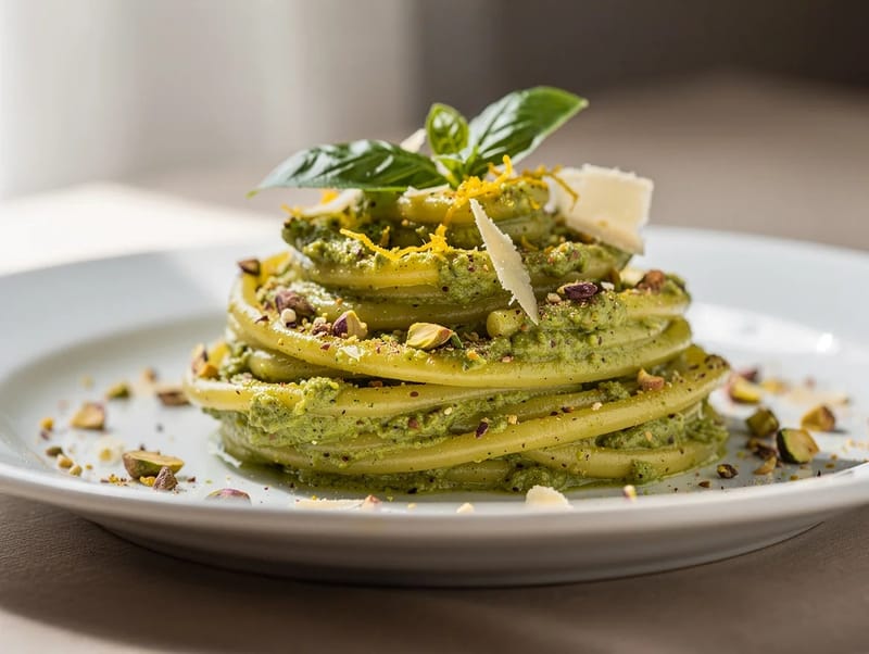 Pasta con Pesto di Pistacchi e Ricotta (Pasta mit Pistazienpesto) Pasta con Pesto di Pistacchi e Ricotta (Pasta mit Pistazienpesto)
