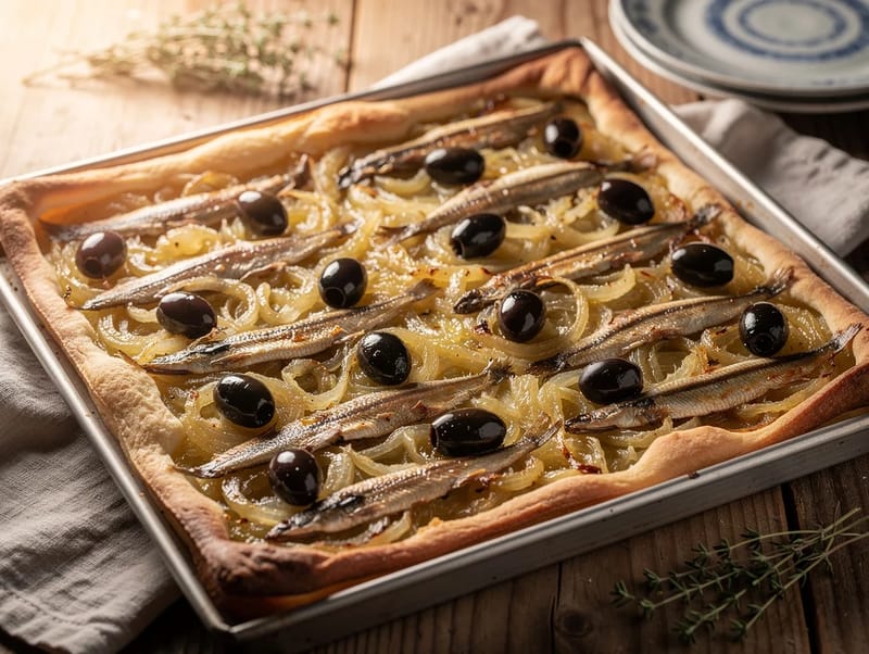 Pissaladière (tartă niçoise cu ceapă, anșoa și măsline) Pissaladière (tartă niçoise cu ceapă, anșoa și măsline)