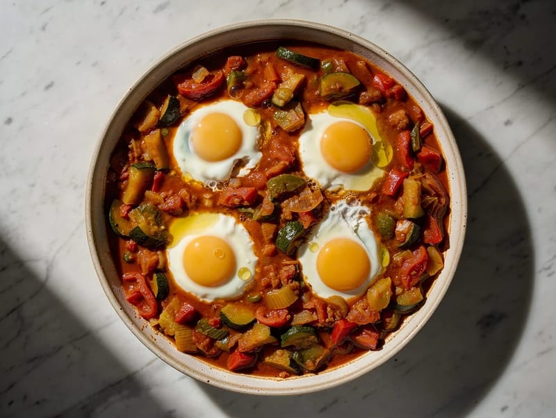 Pisto Manchego con Huevos (La Mancha Vegetable Stew with Fried Eggs) Pisto Manchego con Huevos (La Mancha Vegetable Stew with Fried Eggs)