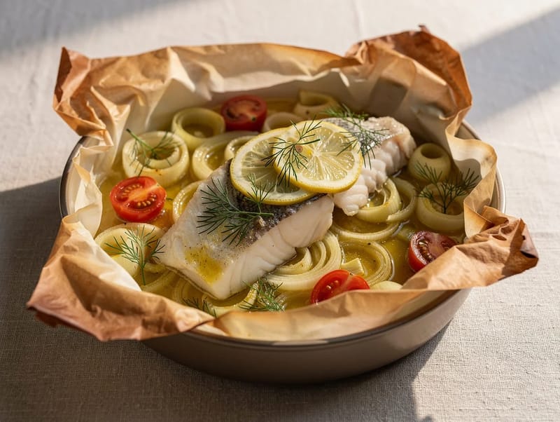 Poisson en Papillote (vis in bakpapier met prei en citroen) Poisson en Papillote (vis in bakpapier met prei en citroen)