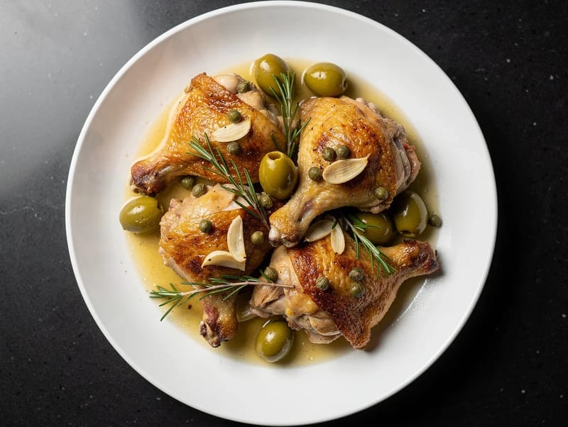 Pollo alla Cacciatora Bianco (zeytin ve kaparili beyaz şarapta pişmiş tavuk) Pollo alla Cacciatora Bianco (zeytin ve kaparili beyaz şarapta pişmiş tavuk)