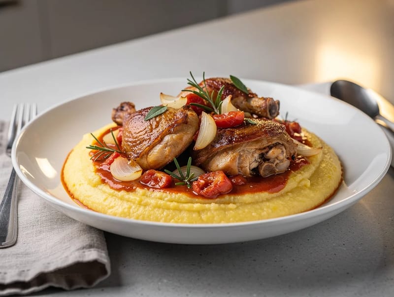 Pollo alla Cacciatora med polenta Pollo alla Cacciatora med polenta
