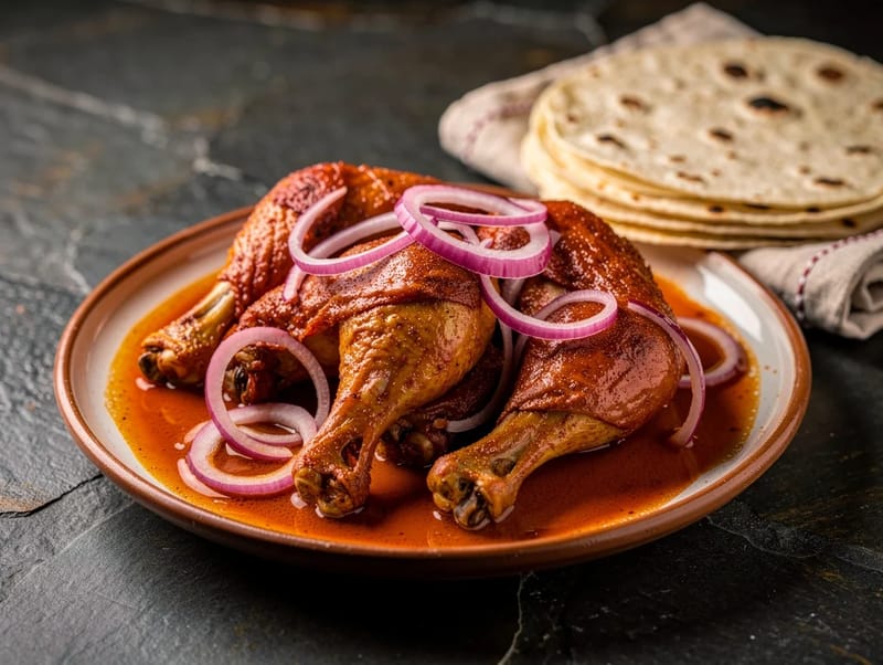 Pollo en Achiote (achiote-ovnstegt kylling med appelsin og rødløg) Pollo en Achiote (achiote-ovnstegt kylling med appelsin og rødløg)