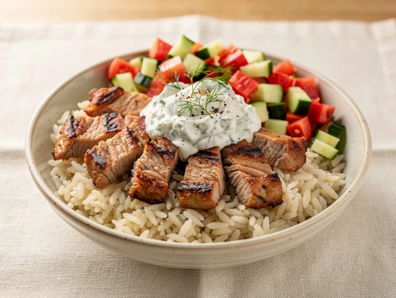 Pork Souvlaki Bowl with Tzatziki and Rice Pork Souvlaki Bowl with Tzatziki and Rice