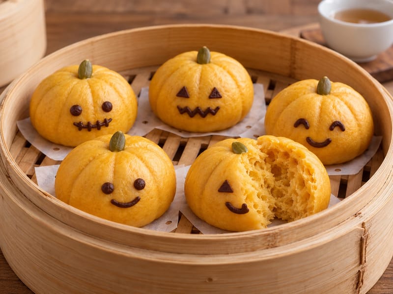 Chifle cu dovleac la abur, cu fețe de Halloween Chifle cu dovleac la abur, cu fețe de Halloween